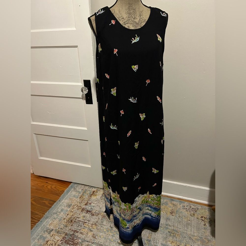 R&K Venice Water Print Black Sleeveless Scoop Neck Maxi Gown Dress with Slit